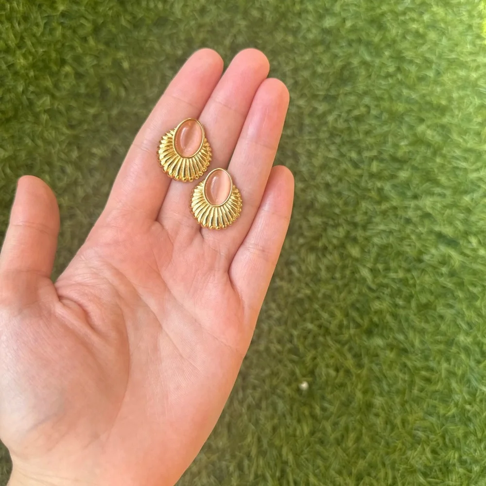 Gold Oval Fan Statement Earrings Vintage Inspired Studs